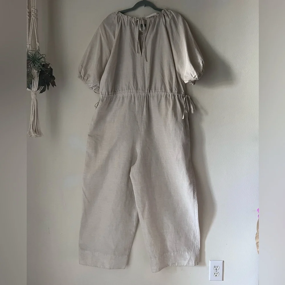 COS Puff-Sleeve Linen Blend Oversized Wide Leg Jumpsuit Sz L/XL Light Beige
